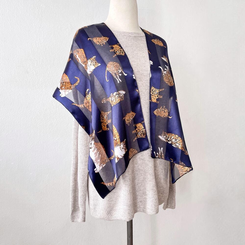 Vintage Animal Print Cats Scarf Wrap Semi Sheer Striped Blue White Orange Satin